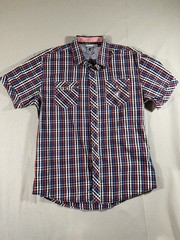 Stacy Adams Men Shirt Short Sleeve Plaid Button Up XL Red White Blue B-8