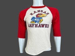 Vintage Kansas Jayhawks NCAA Basketball 3/4 Sleeve Raglan 80s T Shirt Size S