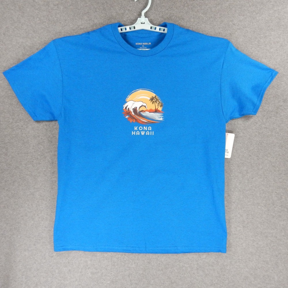 Kona Hawaii Mens TShirt XL Blue Big Island Wave Ocean Palm Trees Tropical Beach