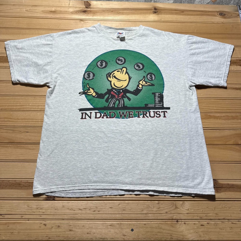 Vintage 90s In Dad We Trust Coins Stack Juggling Graphic Funny Humor T-Shirt XL