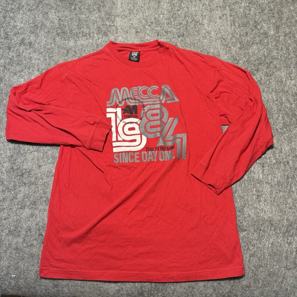 Vintage 90s Y2k Mecca Mens T Shirt Size L Red Long Sleeve Big Graphic Print Logo