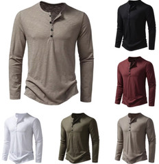 Men’s Shirt Cotton Henley Neck T-Shirts Long Sleeve Casual Button Plain 25% OFF