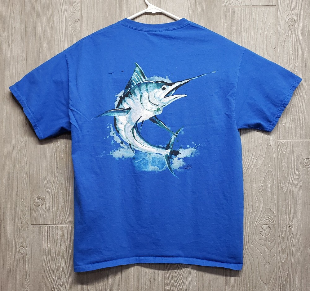 Costa Del Mar Tshirt Mens Large Blue Marlin Fish Salt Ocean Beach Vacation Blue