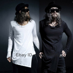 Mens Asymmetrical Hem Long Sleeve Shirt Top Mid Long T Shirts Punk Gothic S-3XL