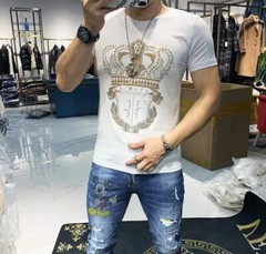 New Fashion Crown Trend Rhinestone Summer Cotton Short Sleeve Luxury Men T-Shirt