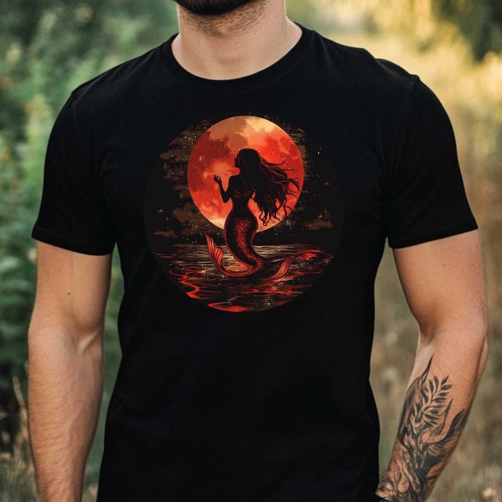 Mens Mermaid Red Moon Motif Cotton T-Shirt Size XS to 5XL
