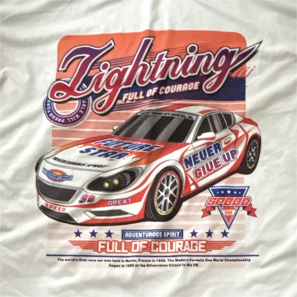 Men’s White Graphic Print Racing Car “Lightning” Short Sleeve Crew Neck T-Shirt