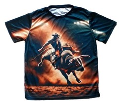 COWBOY RIDING BULL WESTERN LARGE T-SHIRT BLACK SOUTHWEST RODEO NIGHT SKY MENS