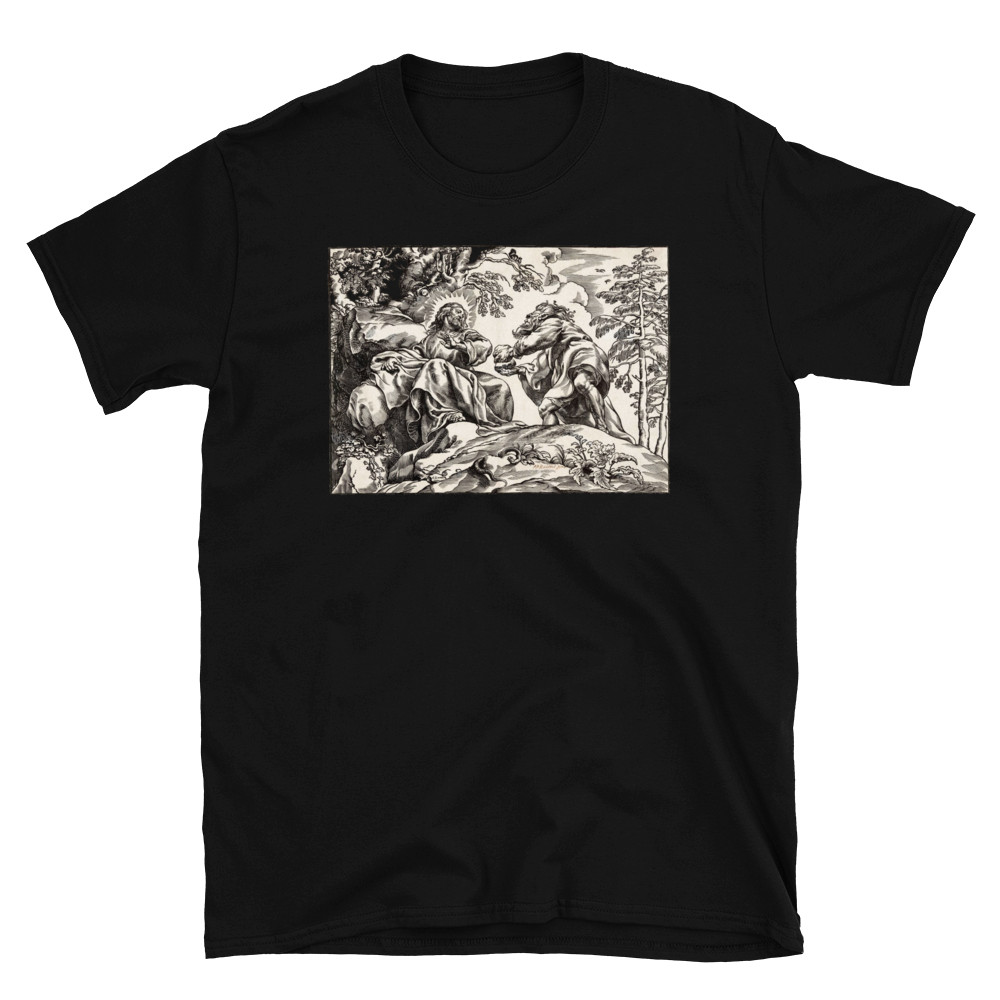 Temptation of Christ T Shirt Vintage Biblical Engraving Religious Art Tee