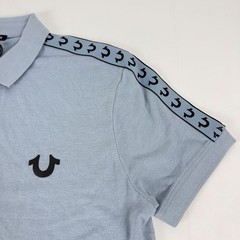 True Religion Polo Shirt Mens Small Sky Blue Logo Damask Cotton Blend Short Slve