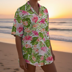 Men Pink Hibiscus Hawaiian Shirt Aloha Tropical Floral Button Down Beach Summer