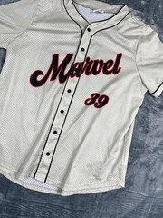 Marvel 3X Baseball Jersey Button-Up Avengers Graphic Back Beige & Red
