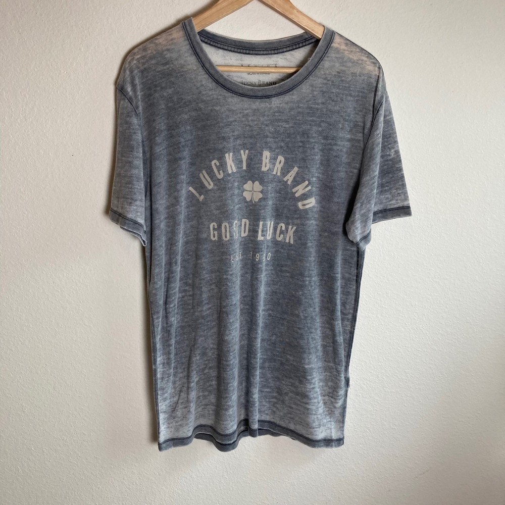 Lucky Brand T-Shirt Mens M Gray Venice Burnout Graphic Tee Good Luck Distressed
