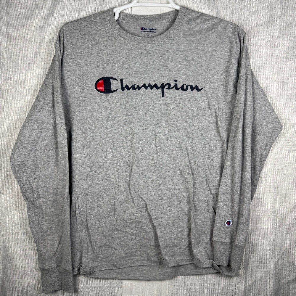 Champion Mens Long Sleeve Script Logo T-Shirt Heather Gray AJ3442 Size L