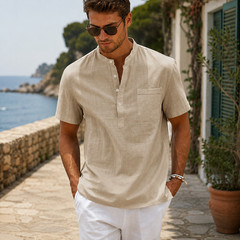 Camisa De Manga Corta Moda Lujo Camiseta Elegante Algodón Linen Para Hombres