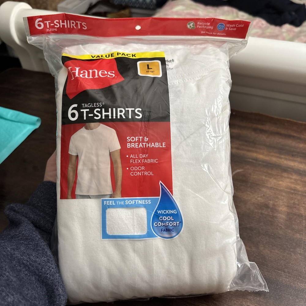 Hanes Shirts Mens Large 42/44 White Cotton Short Sleeve 6 Pack; NIP