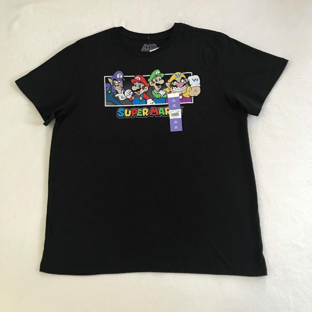 Super Mario W/ Luigi Wario Waluigi Mens Stretch Black ShortSleeve T-Shirt Sz 2XL