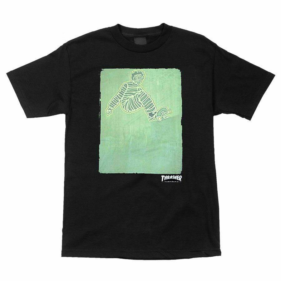 Thrasher Magazine JAILBIRD LOGO Skateboard T Shirt BLACK w/Art By Lance Mountain
