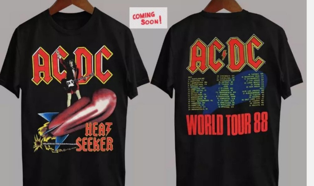 1988 Heatseeker World Tour ACDC Band Cotton Black Full Size 2 Sided Shirt