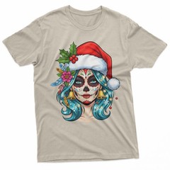Christmas Sugar Skull Art Woman Santa Hat Festive Design T-Shirt