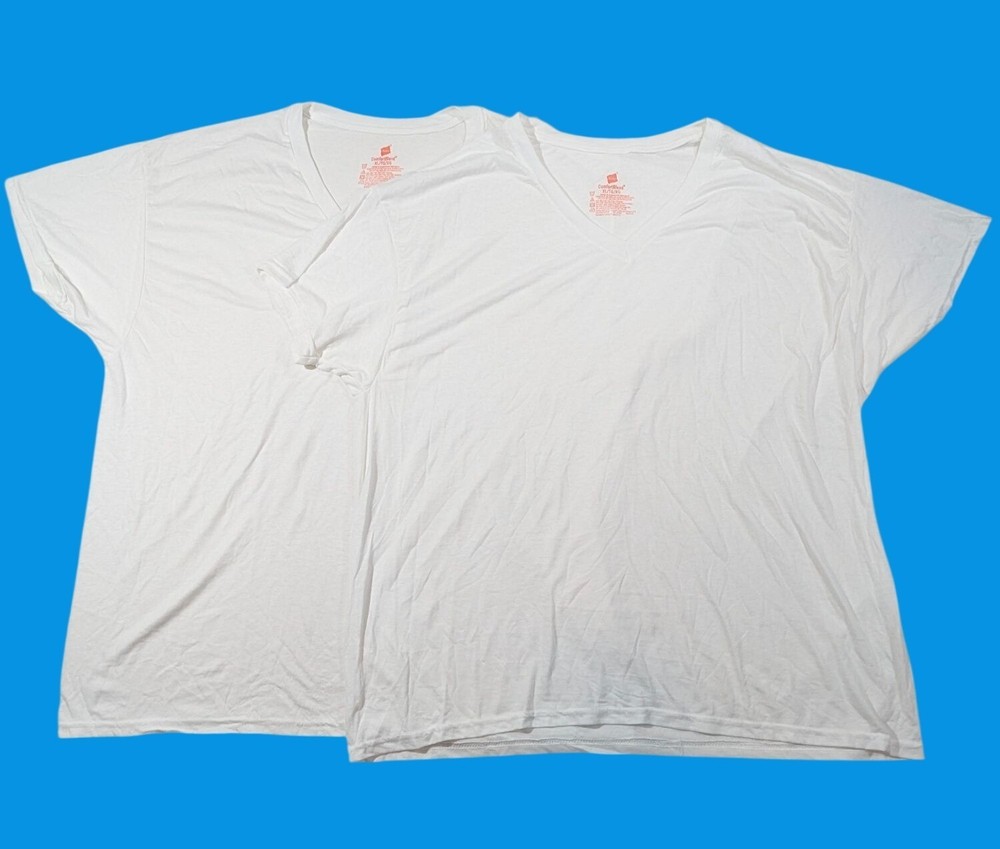 Hanes ComfortBlend Mens White V-Neck T-Shirts XL Set Of 2 Rayon/Polyester NWOT