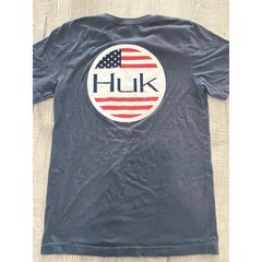 Huk Suzuki Fishing T-Shirt Small Blue Heather USA Flag Graphic Short Sleeve