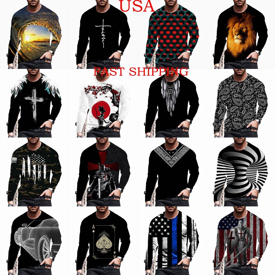 T Shirt Men’s Novelty Graphic Print Black Long Sleeve Fashion Activewear T-Shirt