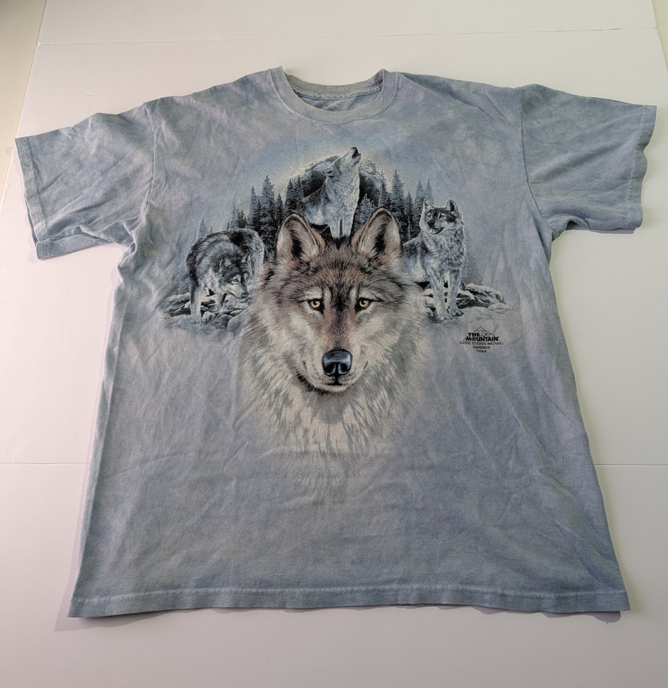 The Mountain 2007 Unisex XL Blue Wolf Graphic Print Crew Neck Short Sleeve Tee