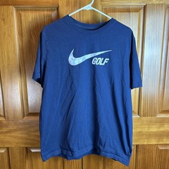 Nike Golf Shirt Mens XL Blue Swoosh Logo GOLF Graphic Tee Tagless Casual EUC