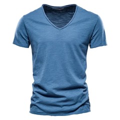 Brand Quality 100% Cotton Men T-shirt V-neck Fashion Design Slim Fit Soild Male