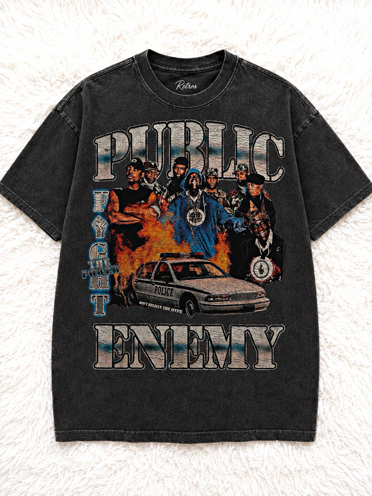 Retros Public Enemy Graphic Print T-Shirt Black L Cotton Crew Neck Short Sleeve