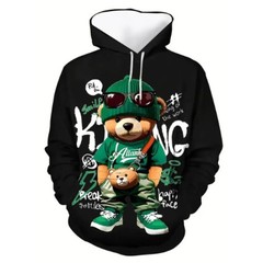 Men’s 3D Digital Print Cartoon Bear Hoodie Pullover with Kangaroo Pocket, UNISEX