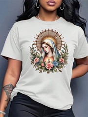 Women’s Short-Sleeve Top With Virgin Mary Floral Print, Round Neck