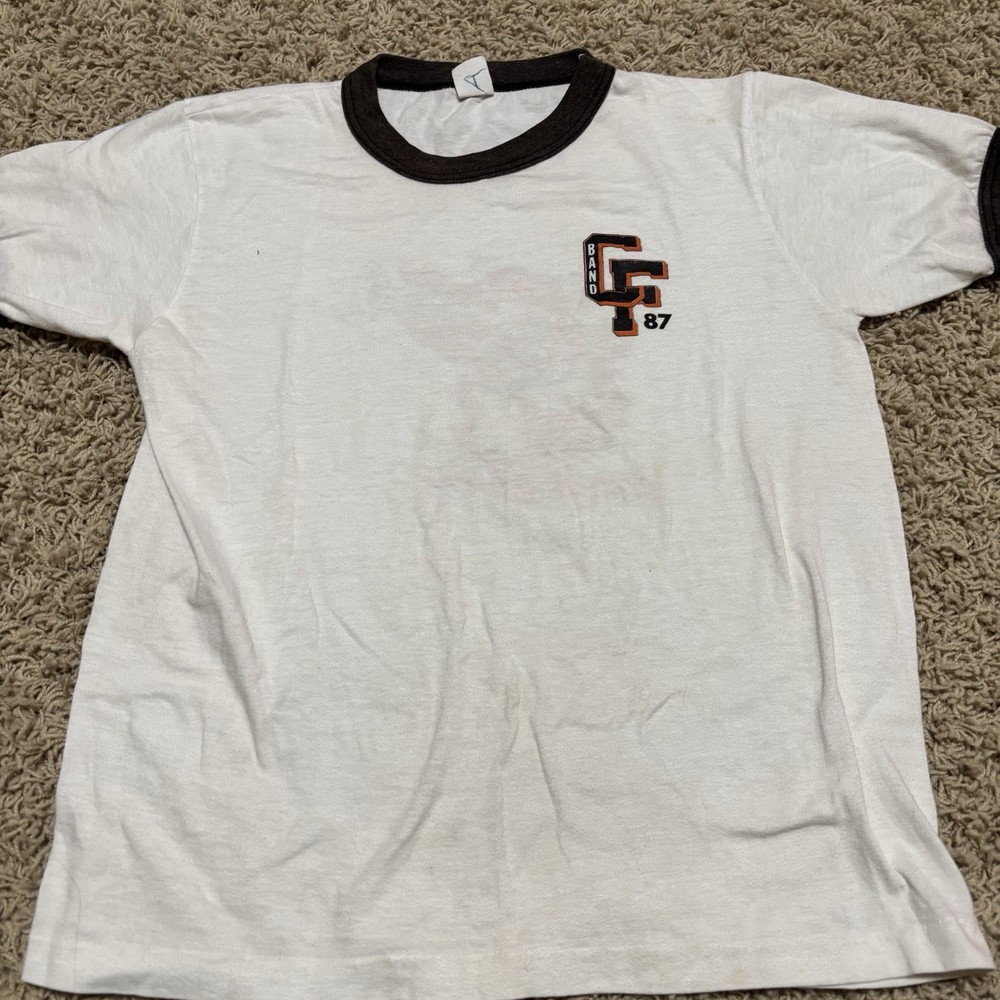 Vintage 80s Made In USA CF Band Ringer T Shirt Size L White Single Stitch Tiger