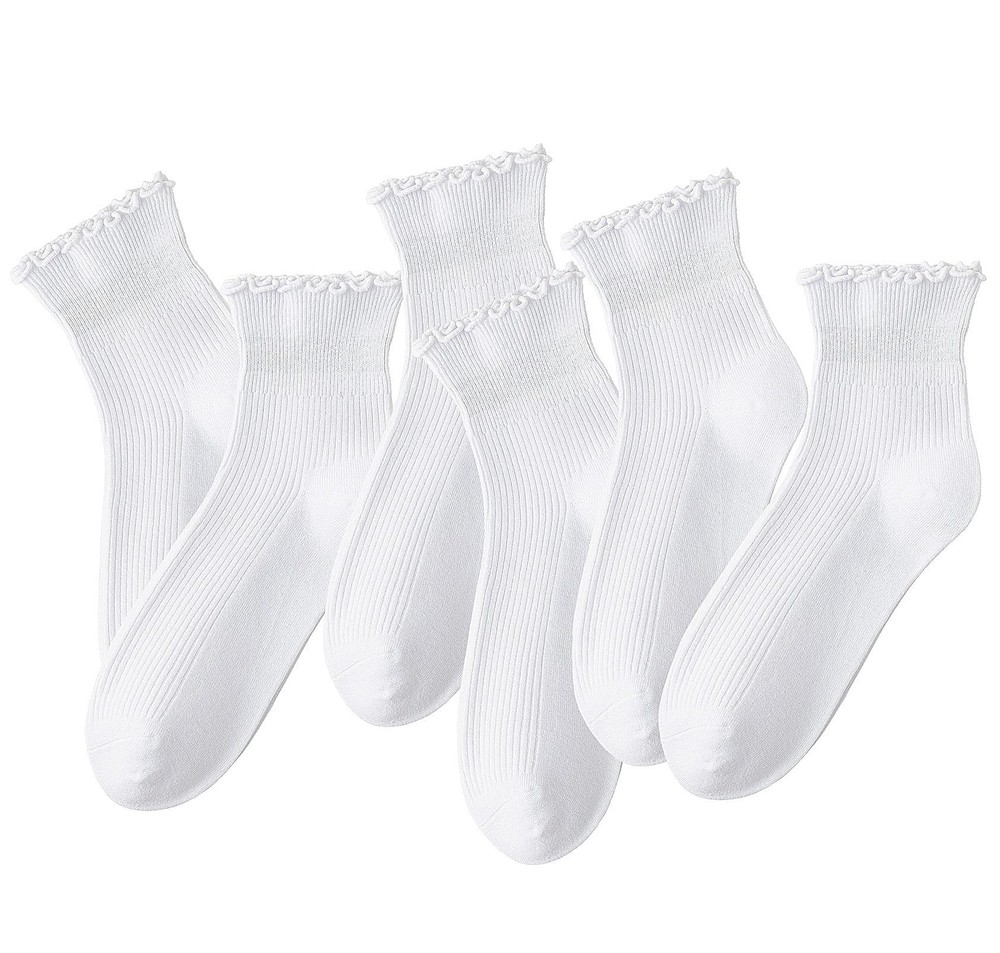 6 Pairs White Ruffle Ankle Socks for Women Girls Lettuce Edge Frilly Socks