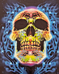 Liquid Blue Multi-Color Skull Graphic On Black T-Shirt Medium Brand New