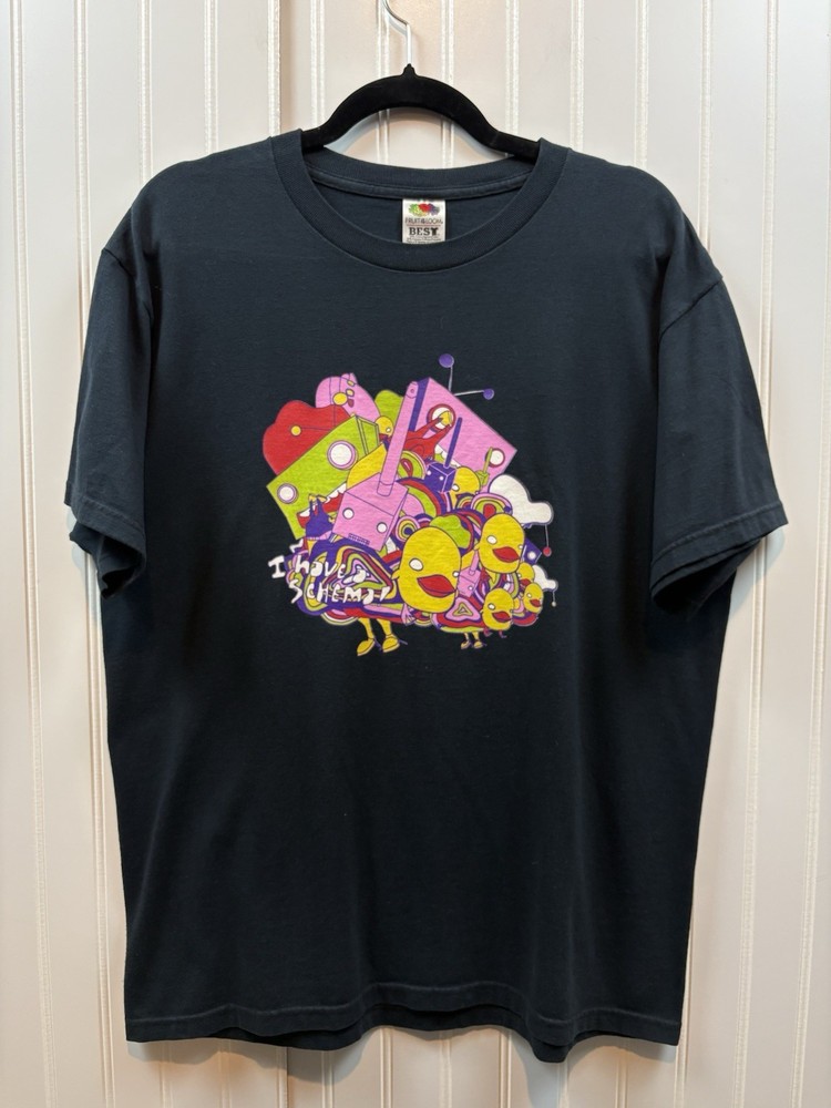 Vintage 2000s Pop Art T-shirt Size Large Black Colourful Ducks Robots Cartoon