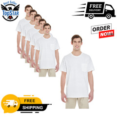 6- Pack White Gildan Unisex Heavy Cotton Pocket Stylish Plain T-Shirt – G530