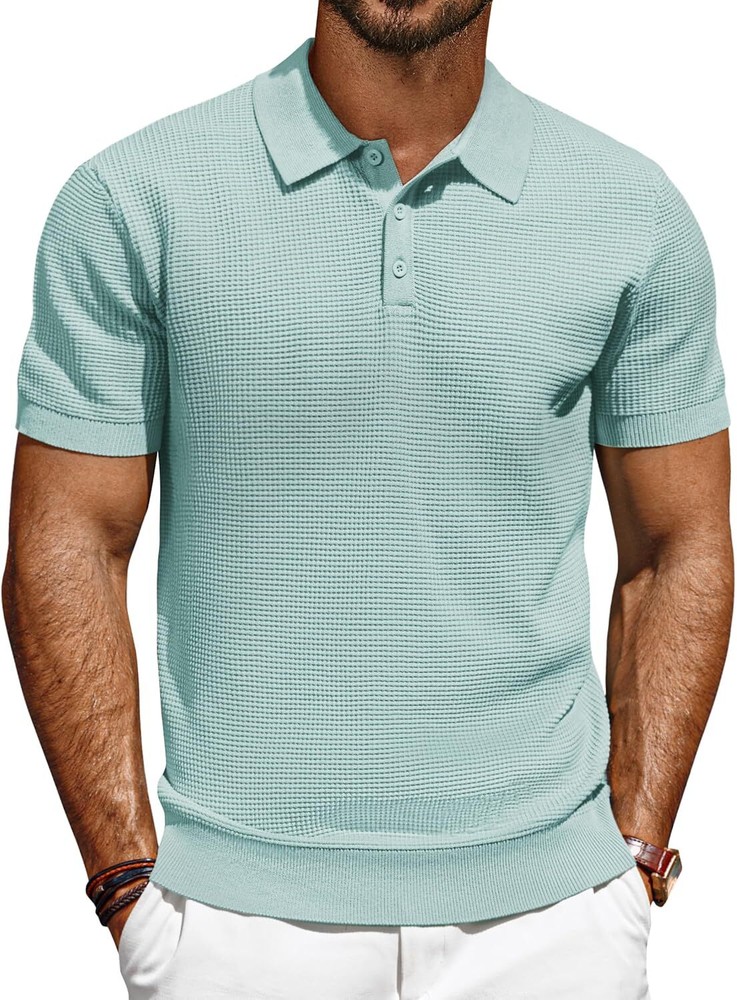 Men’s Short Sleeve Polo Shirt Casual Golf Wear Lightweight Waffle Knit Fabric