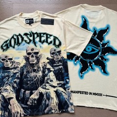 25/SS Godspeed Hip hop skeleton soldier print pattern Tee Washed Mens T-shirt