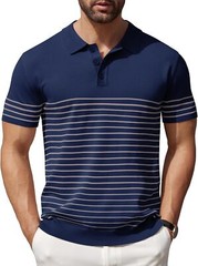 Men’s Striped Knit Polo Shirt Lightweight Short Sleeve Casual Collared Golf Tee