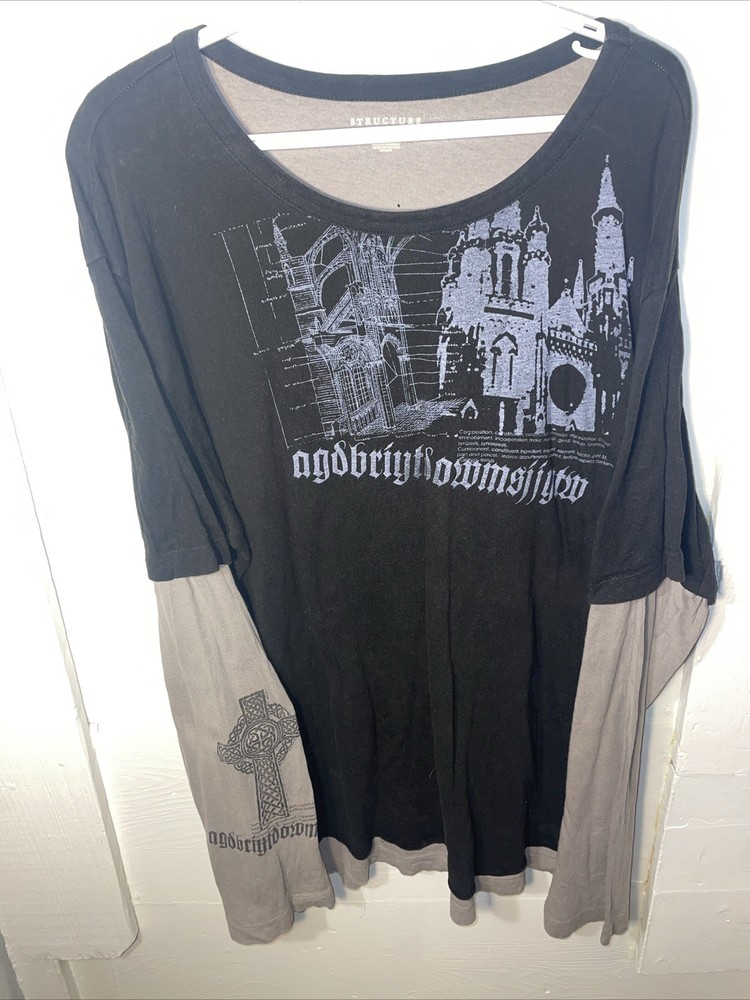 Structure Long Sleeve Waffle Knit Double Shirt Black Castle Size XL Y2K Goth D