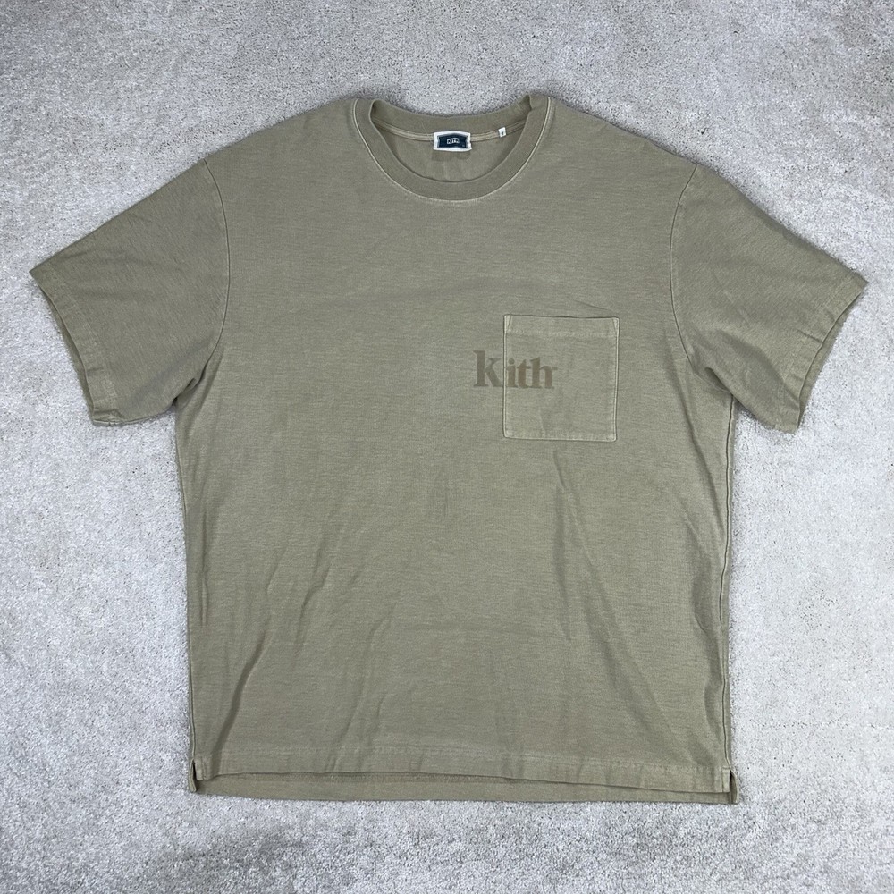 KITH Men’s Quinn Data Taupe Beige Heavyweight Logo Pocket Cotton Tee Shirt XL
