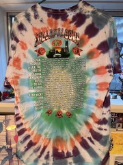 Lollapalooza 2025 multicolored tie dye shirt with list of the performers on back