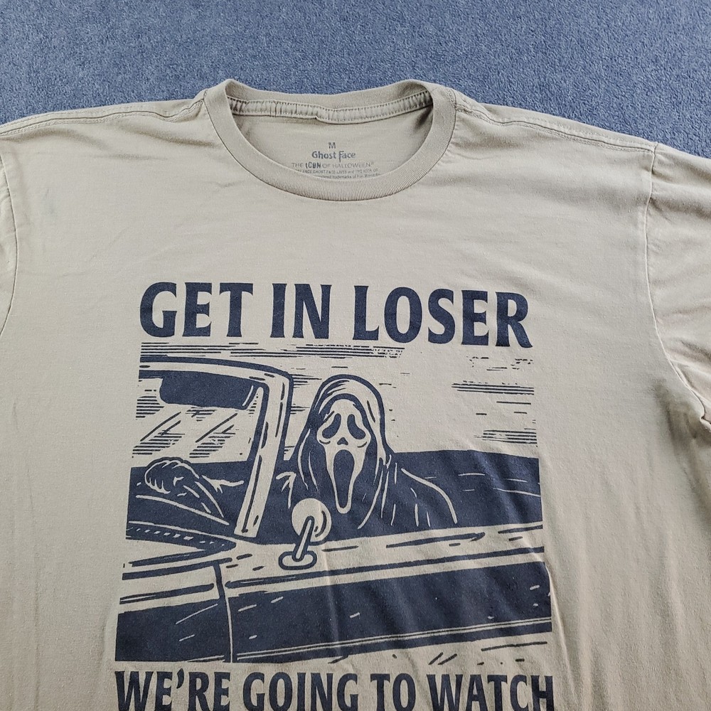 Ghostface Graphic T-Shirt Get In Loser Size Medium Tan Scary Movies