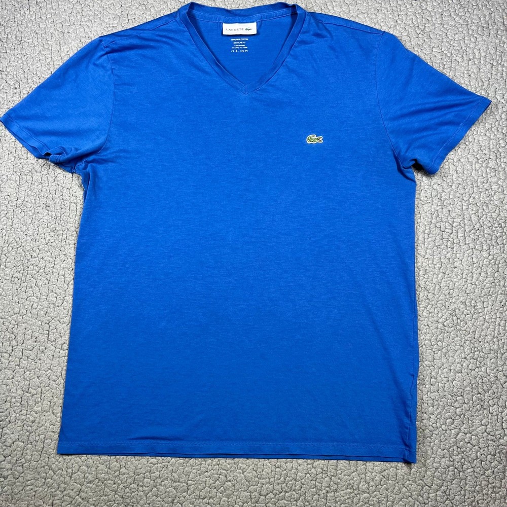 Lacoste Mens Pima Cotton V-Neck T-Shirt Blue Regular Fit Logo FA10614 Size 4 M
