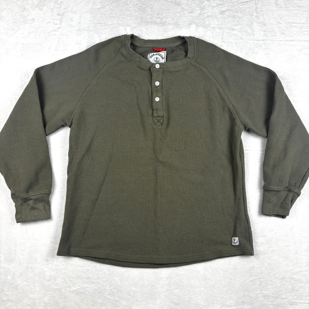 Iron & Resin Waffle Knit Shirt Mens M Green Henley Thermal Grid Sweatshirt