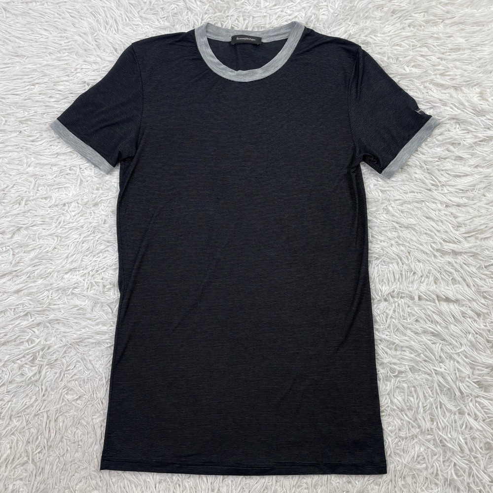 Ermenegildo Zegna Shirt Mens XS Black Striped Slim Stretch Micro Modal Jersey T
