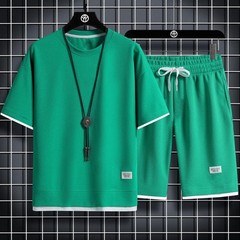 Summer Men’s Waffle Sets Casual T-Shirt And Shorts Set Male Sports Suit
