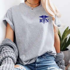 Men’s & Women’s Registered Nurse T-shirt, Left Front, RN Medical Caduceus Staff